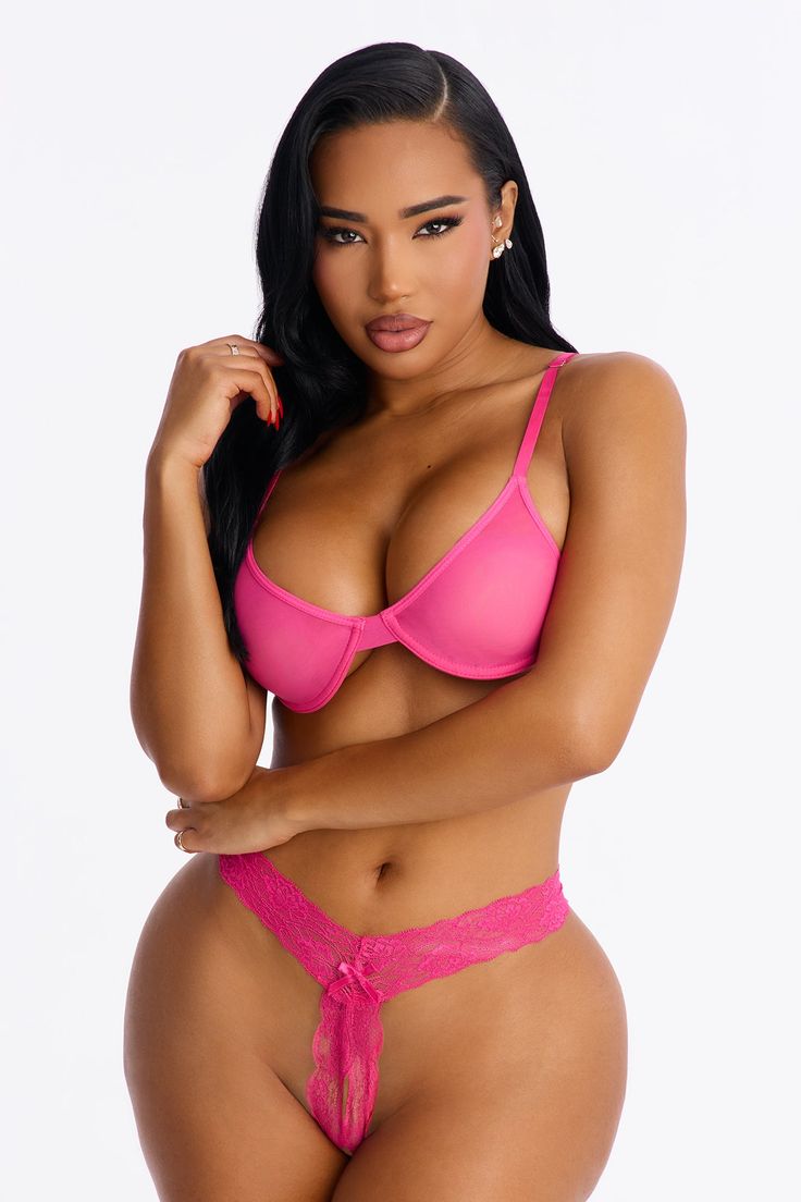 Women's 3 Pack Light Stretch Lace Thong Set Combo in Fuchsia   Size L