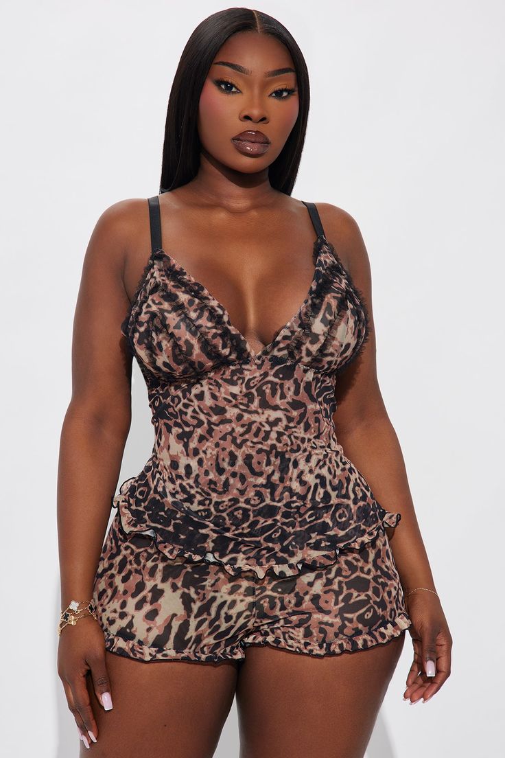 Women's Tame My Love Mesh 2 Piece Cami And Shorts Set in Leopard  Size M